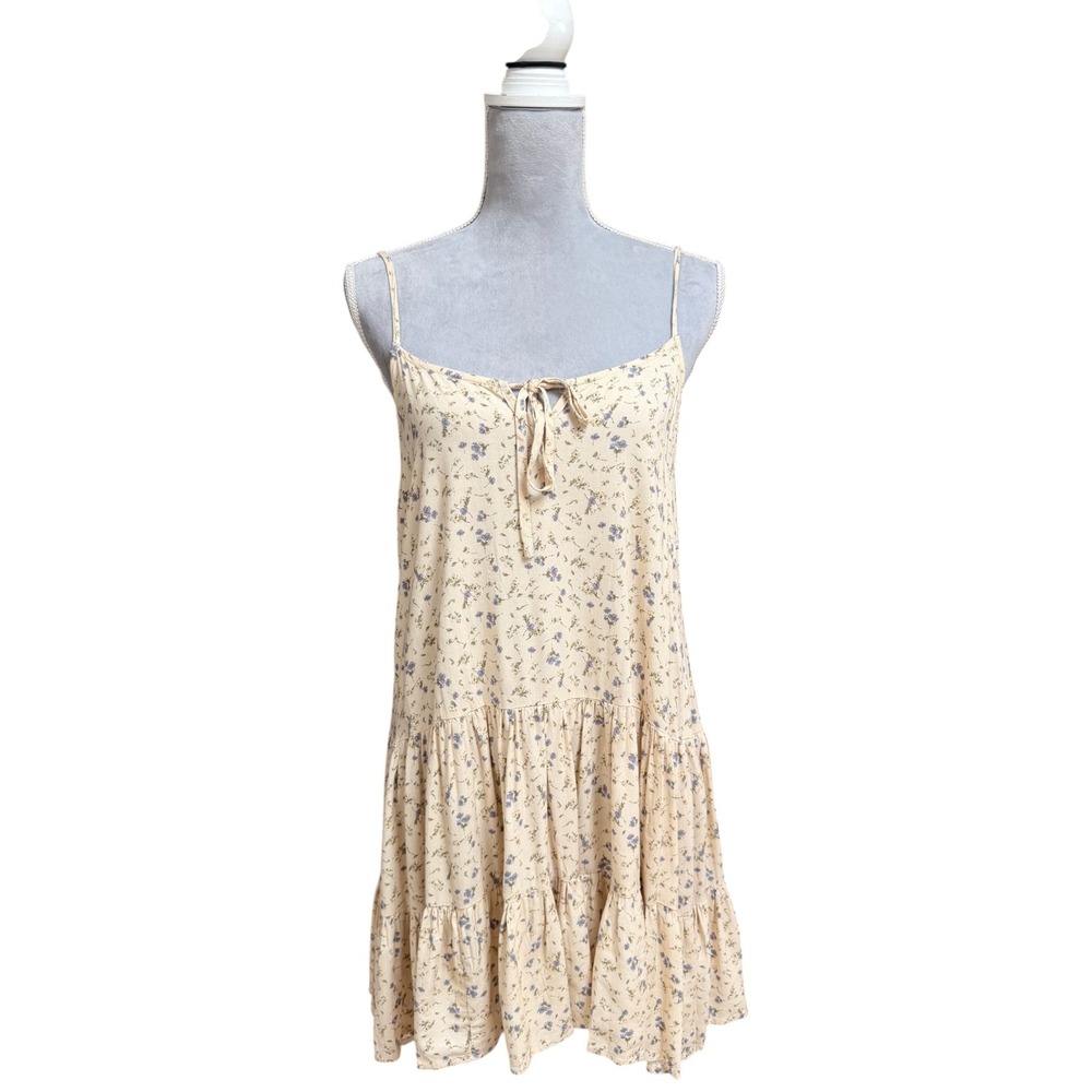 Dress Forum Floral Mini Dress Small Cream Rayon Tiered Spaghetti Strap FD6400